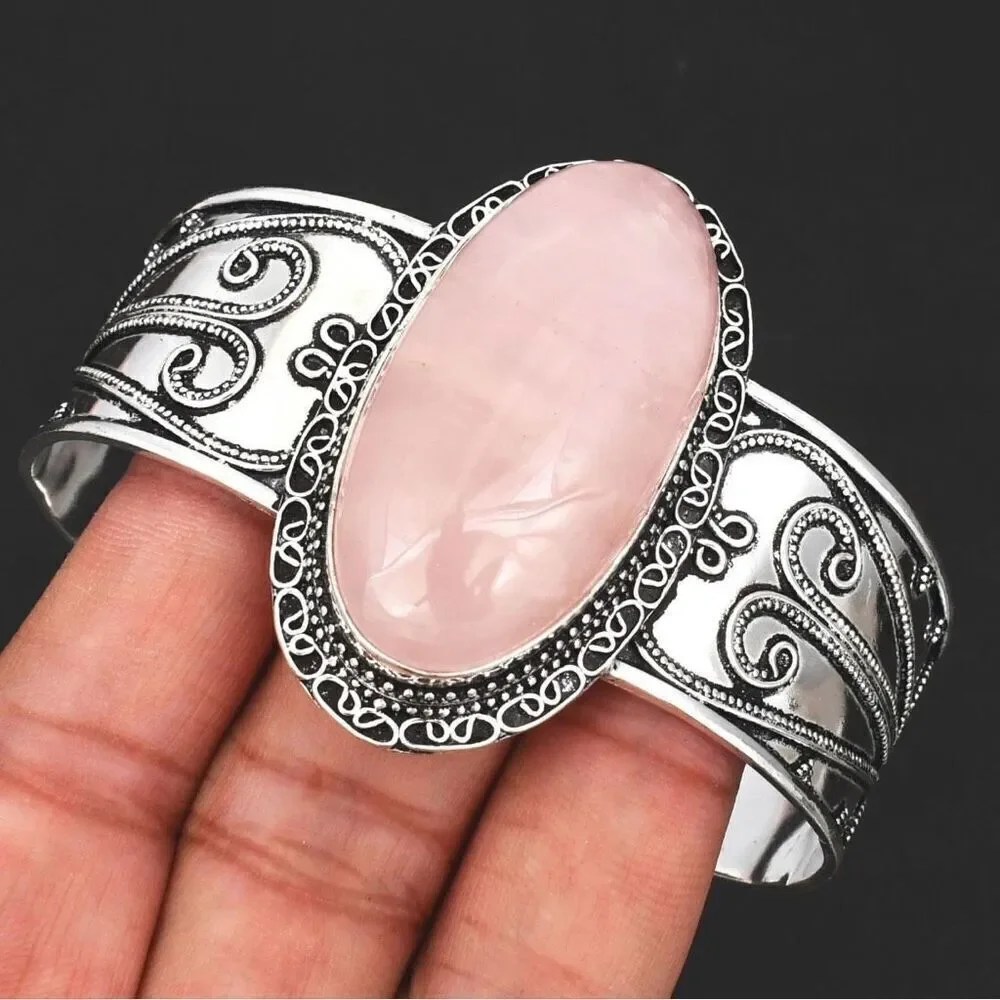 Artisan Rose Quartz Adjustable Silver Bangle Bracelet – Handcrafted Elegance New